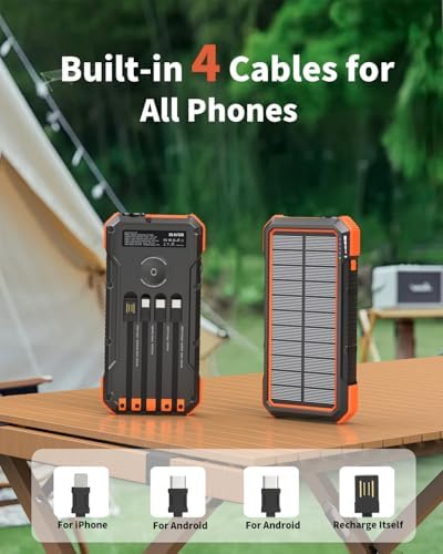 BLAVOR 20000 m Ah Solar Power Bank with 4 Built-in Cables – 20 W Fast Charging Portable Charger for i Phone 16/15/14/13/12/11, i Pad, Apple Watch & All Mobile Devices – Eco-Friendly Outdoor Power Solution with Integrated Flashlight for Ultimate Convenience
