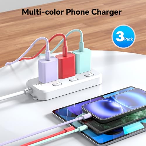 Ultra-Fast 60 W USB-C Charger Set – 3-Pack with 10 FT Charging Cables for i Phone 15/16 Pro/Max/Plus, i Pad Air/Pro, Samsung Devices – High-Speed Charging in Vibrant Red, Purple, Green – Maximum Compatibility & Convenience for On-the-Go Power Solutions