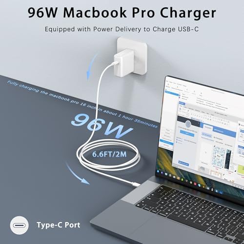 EDRF 96 W USB-C Fast Charger for Mac Book Pro & Air – High-Performance Power Adapter with 6.6 ft Type-C Cable for i Pad Pro and All USB-C Devices – Ultimate Safety Features and Lightweight Design for Effortless On-the-Go Charging