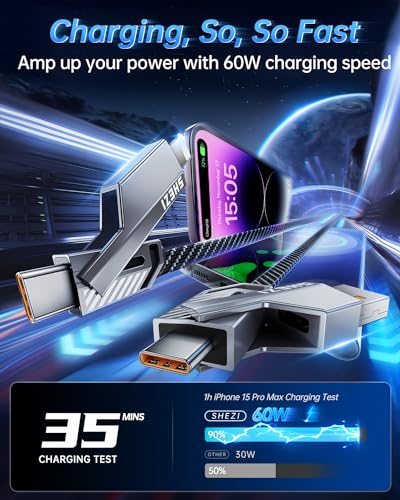 SHEZI 4-in-1 Fast Charging USB C Cable – 60 W Power Delivery with Lightning, USB C, and USB A Ports – 5 FT Durable Flat Nylon Braided Cord – Stylish Pink Design for i Phone, i Pad, and More – High-Speed 480 Mbps Data Transfer Solution for All Your Devices