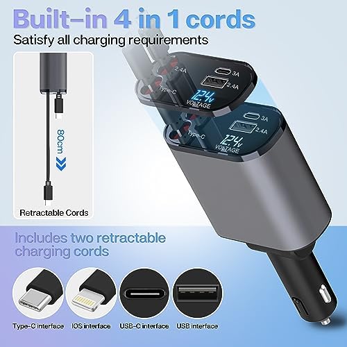 Ultimate 100 W Retractable Car Charger – 4 in 1 Fast Charging Solution for i Phone, Type C, and Android Devices – Dual Ports for Multi-Device Compatibility – Tangle-Free 31.5 Inch Cables – Ideal for i Phone 15/14/13/12 Pro Max, i Pad, Samsung, Pixel – Essential Travel Accessory for Efficient Power On-the-Go