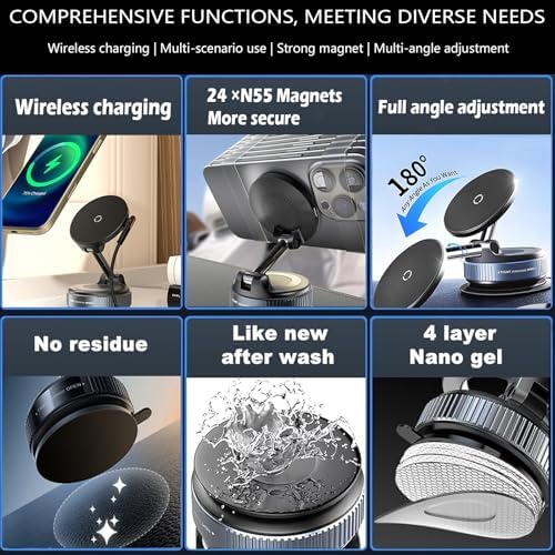 Revolutionary 360° Adjustable Wireless Charger Car Phone Holder with High-Strength Nano Gel Suction – Effortless Magnetic Charging for i Phone 16/15/14/13/12 & More – Universal Compatibility for Smooth & Textured Surfaces – Compact, Foldable Design for On-the-Go Convenience – Charge Seamlessly with No Cables or Port Wear – Perfect for Multi-Vehicle Use and Dynamic Environments