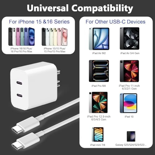 Ultra-Fast Dual Port USB-C i Phone Charger with 10 FT Quick Lightning Cables – High-Efficiency Charging Block for i Phone 14 Pro Max, 13 Pro, 12, 11, XS, XR, 8, SE – Ideal for Home and Travel, 2-Pack for Maximum Convenience and Speed