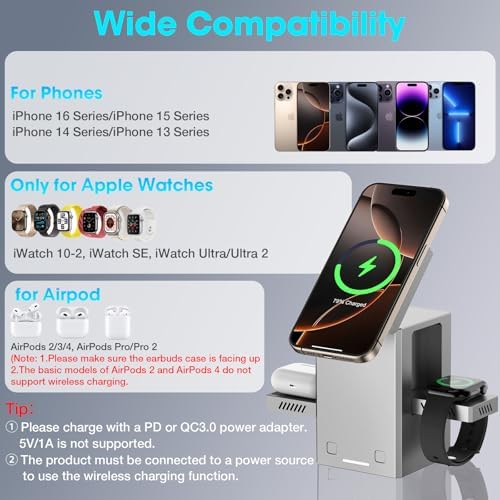 Advanced 25 W 3-in-1 Wireless Charging Station for Apple Devices – Space-Saving Auto Expand/Collapse Mag-Safe Stand for i Phone 16/15/14 Series, Apple Watch, and Air Pods – Compact Travel Charger Dock in Metal Gray with Enhanced Safety Features and Fast Magnetic Charging