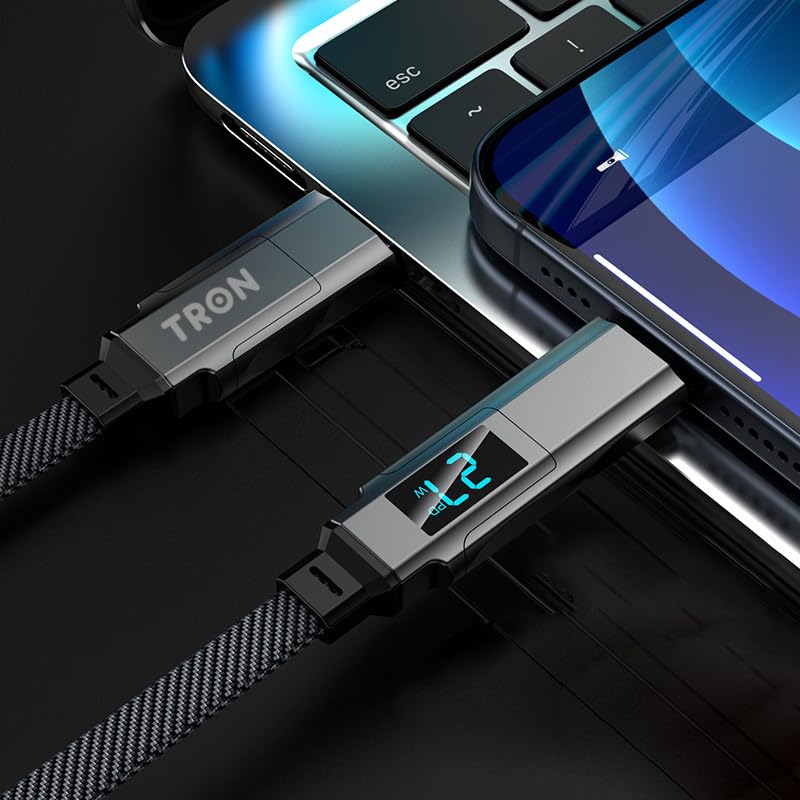 Universal TRON 4-in-1 100 W Braided Charging Cable with LCD Display – 5 FT Type-C, USB-A, Lightning Connector for i Phone, i Pad, Samsung, and Laptop – Ultimate Fast Charging Solution and Enhanced Device Compatibility
