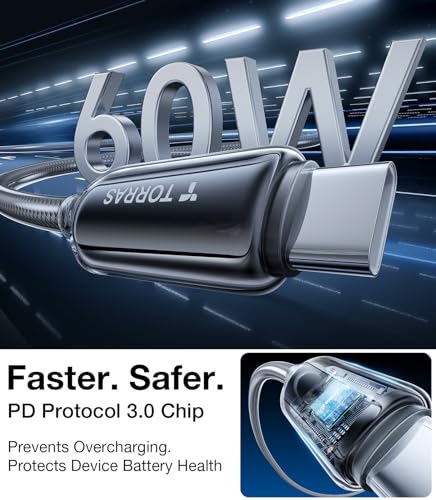 TORRAS 6 ft USB C to USB C Cable – Military-Grade Durability with 60 W Fast Charging for i Phone 15 Pro Max & Samsung S24/23 – Sleek Black, Tangle-Free Flexibility for Travel, Office & Home, Compatible with Mac Book Air/Pro 2020 & i Pad Pro/Air/Mini