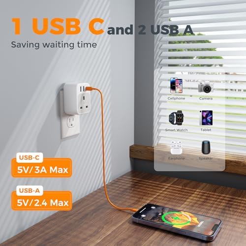 TESSAN Universal Type G UK Travel Adapter with 3 USB Ports & USB-C Charger – Effortless US to UK Plug Conversion for Global Travelers to England, Ireland, Qatar, Hong Kong, Dubai, and More – Compact Power Solution for Fast and Safe Device Charging