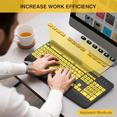 SABLUTE Ergonomic Large Print Wired Keyboard with Wrist Rest & Phone Holder – Perfect for Enhanced Visibility and Comfort in Windows, Desktop & Laptop Use – Eye-Catching Yellow Design for Effortless Typing Experience
