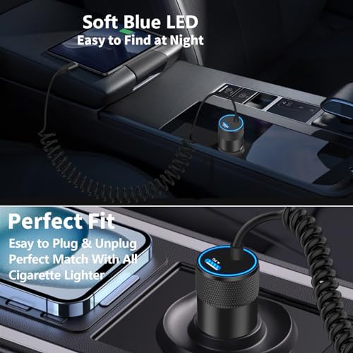 Rombica 105 W MFi Certified Dual USB-C & USB-A Fast Car Charger for i Phone 16 Pro Max – Ultimate Portable Power Solution with 6 FT Coiled Type-C Cable for Rapid Charging on the Go, Perfect for Road Trips and Daily Commuting