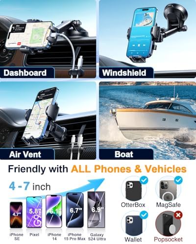 YRU 2025 Military-Grade 360° Rotatable Suction Car Phone Holder – Ultimate Dashboard & Windshield Mount for i Phone 16/15 Pro Max & Samsung – Unmatched 90+ LBS Capacity, Enhanced Compatibility & Easy Installation – Secure, Durable, and Versatile Universal Cradle for Safe Hands-Free Navigation