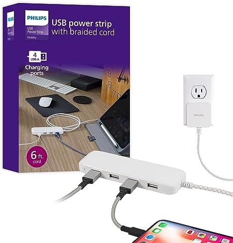 Philips 24 W USB Power Strip with 6 ft Braided Cable – Ultimate Charging Station for i Phone, i Pad, Samsung Galaxy & Google Pixel – 4 Port USB-A Design for Fast & Efficient Device Charging – Sleek & Durable Solution for Home, Office & Travel