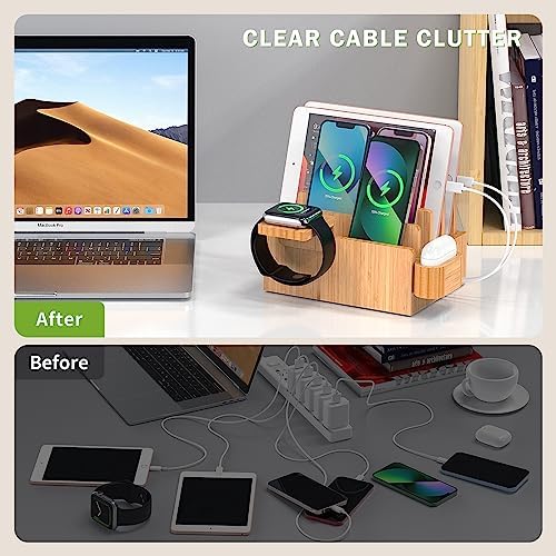 Eco-Friendly Bamboo 5-Port USB Charging Station: Versatile Multi-Device Organizer with Smartwatch and Earbuds Stand for Efficient Power Management – Perfect for Home and Office Use