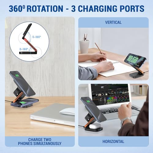 Revolutionary 3-in-1 Foldable Wireless Charging Station for i Phone 16/15/14/13/12 Pro/Max, Air Pods, and Apple Watch – Magnetic Mag Safe Charger with Fast Charging, Ideal for Travel and Minimalist Desks, Streamline Your Charging Experience Today