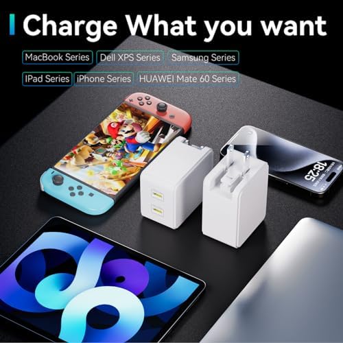 Ultra-Fast 65 W USB C Power Adapter – Dual-Port Travel Charger with PD3.0 Ga N III Technology for Rapid Device Charging – Perfect for Galaxy S23, i Phone 15 Pro, i Pad Pro, Mac Book Air & More – Compact, Foldable Design for On-the-Go Convenience and Maximum Compatibility