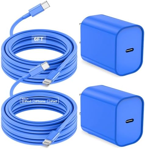 MFi Certified 20 W USB-C to Lightning Fast Charger for i Phone 14/13/12 – 6 FT Durable Cable & Power Delivery Block in Stylish Blue – Ultimate Solution for Rapid Charging of All Apple Devices Including i Pad Pro, XS, XR, 8 Plus – Optimized for Reliability and Speed