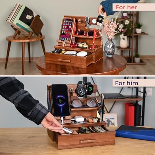 TESLYAR Wood Phone Docking Station with Drawer – Nightstand Organizer – Desk Organizer for Husband – Birthday Gifts for Men, Dad, Anniversary Idea, Key Holder Stand Watch & Accessories (Bourbon Brown) – Enhanced Compatibility and Speed