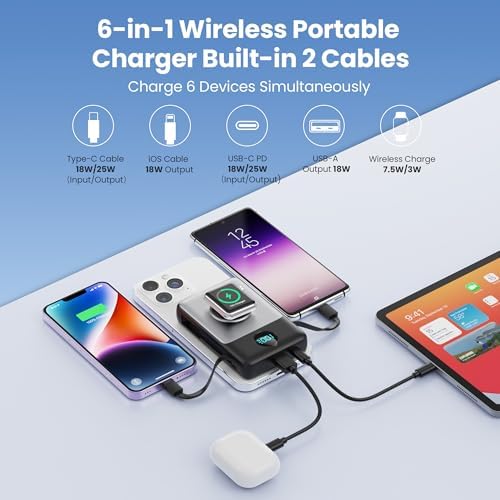 Ultimate 6-in-1 Magnetic Portable Charger, 10800 m Ah Power Bank for i Phone – Features Integrated Cables, Wireless Charging for Apple Watch, Smart LCD Display, and 25 W PD Fast Charging – Perfect Travel Accessory for All Devices with Enhanced Safety Features and Compatibility for i Phone 12 to 16 Series