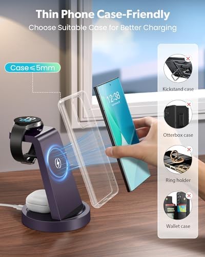Revolutionary 3-in-1 Wireless Charging Station for Samsung Devices: Fast Charging Dock for Galaxy Watch 7, 6, 5, 4, 3 Pro, Classic & Galaxy Buds – Sleek Stand Compatible with S25, S24 Ultra, S23, S22, S21, Note, and Z Fold – Optimal Efficiency and Stylish Design for Home or Office Use