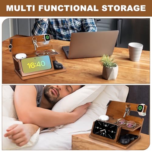 Elevate Your Charging Game: 3-in-1 Wooden Charging Station for i Phone 16, Compatible with Apple Watch and Air Pods – Perfect Father’s Day Gift for Dads, Husbands, and Sons – Sleek Nightstand Organizer with Enhanced Speed and Style