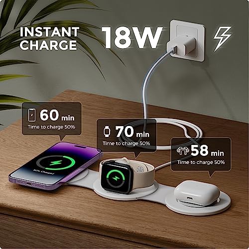 Hicober 3-in-1 Magnetic Wireless Charging Station for i Phone 15, Apple Watch, and Air Pods – Ultra-Fast 18 W Portable Travel Charger with Foldable Design for i Phone 16, 14, 13, 12 Pro/Max/Plus – Optimal Compatibility and Sleek Aesthetics for Effortless Charging Experience