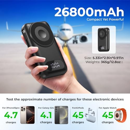 High-Capacity 26800 m Ah Magnetic Power Bank – Versatile 6-in-1 Wireless Charger for i Phone 16/15/14/13/12, Samsung & Android Devices – Built-in Cables, i Watch Compatibility, and Ultra-Fast Charging in Sleek Black Design for On-the-Go Convenience