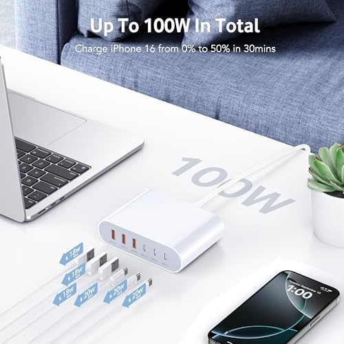 Ultra-Fast 100 W Ga N USB-C Charging Station with 6 Ports – Compact Wall Adapter for i Phone 16/15/14/13 Pro Max, i Pad, Samsung, Pixel, LG – High-Speed Multi-Device Charger with Smart Safety Features – Travel-Friendly Power Hub for Effortless Charging
