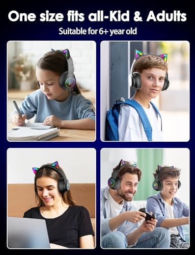 Whimsical Cat Ear Bluetooth Headphones for Kids & Adults – Immersive Hi-Fi Sound, 55-Hour Playtime, LED Light-Up Design, Built-In Microphone, and Universal Compatibility with i Phone, i Pad, Laptop & PC for Ultimate Fun and Comfort