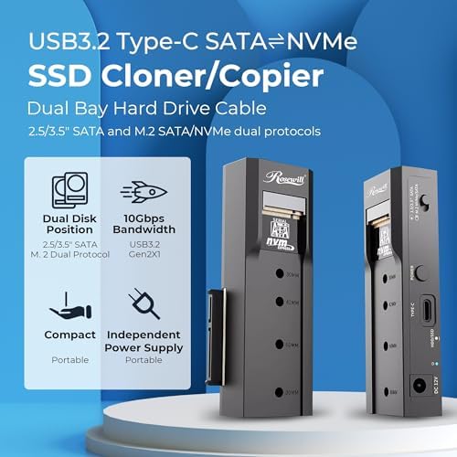 Rosewill M.2 Cloner Docking Station – Dual Bay 20 Gbps USB3.2 Gen 2 X2 Adapter for Effortless SSD Duplication and Offline Cloning – Tool-Free NVMe Enclosure for Seamless Data Management and Enhanced Compatibility