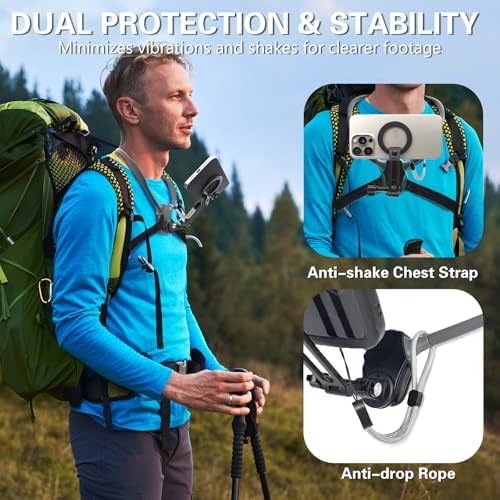 Beviliu Hands-Free Magnetic Neck Phone Holder for Seamless Content Creation – Ideal for Vloggers, Chefs, and Adventurers | Compatible with i Phone 12-16, Android, Go Pro, and Insta360 | Lightweight Adjustable Chest Strap for Comfort and Stability During POV Video Filming