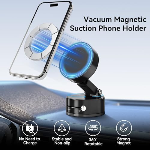 Magnetic Car Phone Mount – Ultra Strong Vacuum Suction Phone Holder for Dashboard/Windshield, Foldable 360° Adjustable Car Phone Mount Compatible with iPhone 16/15/14 & All Smartphones-817001A – Enhanced Compatibility and Speed