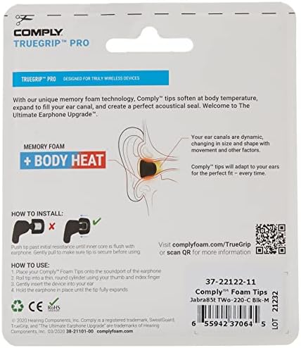 Upgrade Your Audio Experience with Comply Memory Foam Earbud Tips for Jabra 85 t | Unmatched Comfort, Secure Fit, and Enhanced Noise Isolation in Black (S/M/L) | 3 Pairs for Lasting Performance and Optimal Compatibility Discover the next level of audio enjoyment with Comply’s Memory Foam Replacement Earbud Tips, meticulously designed for Jabra 85 t users. These earbud tips transform your listening experience by combining luxurious comfort with a secure fit, ensuring they stay in place during any activity. The specially engineered memory foam molds to the contours of your ears, delivering superior noise isolation that immerses you in pure sound without external distractions. Available in three sizes (S/M/L), they cater to individual preferences for a tailored fit. Each pack includes three pairs, providing you with ample replacements to maintain peak performance. Elevate your daily audio interactions and embrace the perfect blend of style and functionality with these premium earbud accessories, crafted for durability and easy maintenance.