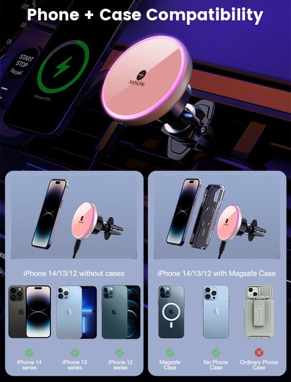 MOKPR 15 W Mag Safe Car Charger & Magnetic Phone Holder – Effortless Fast Wireless Charging with Dynamic LED RGB Lighting for i Phone 15/14/13/12 Series – Stylish Dash & Air Vent Mount for Enhanced Driving Experience and Convenient Accessibility