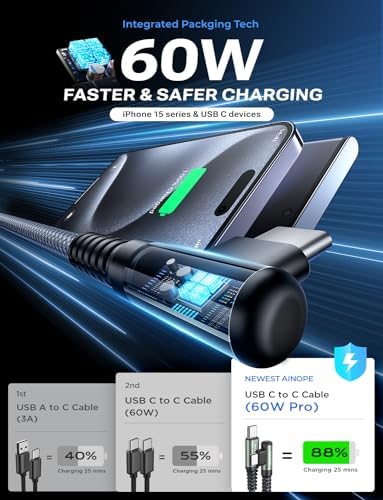 Revolutionize Your Charging with AINOPE 60 W USB C Cable 2-Pack – 10 ft Durable Nylon Braided Right Angle Type C Charger for i Phone 16 Pro Max, Samsung S24, and i Pad Pro – Fast Charging, Enhanced Compatibility, and Long-Lasting Performance