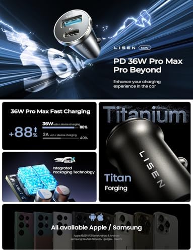LISEN 54 W Dual Port Super Fast Car Charger for i Phone 16 & Samsung Galaxy S25 Ultra – 35-Minute Rapid Charge with Durable Alloy Design – Universal Compatibility for All Devices – Perfect for Road Trips and Daily Commutes