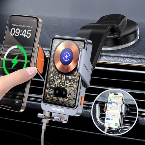 NOHON 15 W Qi Wireless Car Charger and Phone Holder with Auto Sensor Clamping – Rapid Charging Solution for i Phone 15, 14, 13, 12 Pro Max – Stylish Silver Design for Seamless Navigation and Road Safety Enhancement