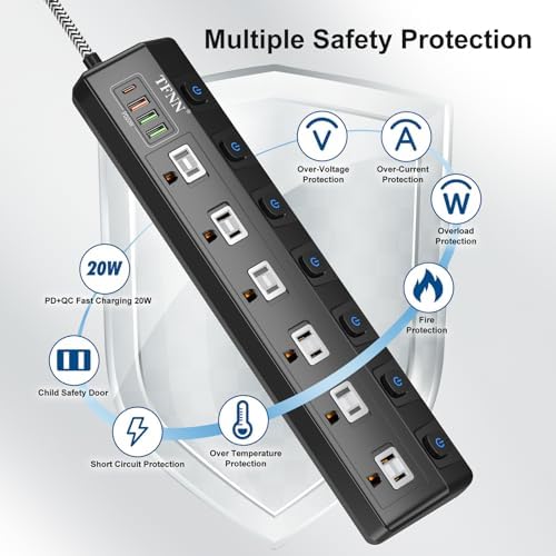 Ultimate Wall-Mounted Power Strip with USB Ports: 5 FT Extension Cord Featuring 6 Individually Switchable Outlets, 4 USB Charging Ports (1 USB-C PD 20 W & 3 USB-A QC 20 W), 70 W Total Capacity, Overload Protection for Enhanced Safety and Versatility