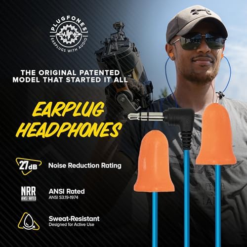 Plugfones Basic Earplug Headphones – OSHA Compliant Noise-Reducing Earbud-Earplug Hybrid with 27 d B Sound Dampening, Comfortable Orange Foam Design for Work Safety and Audio Enjoyment, Enhanced Device Compatibility for Seamless Listening in Noisy Environments