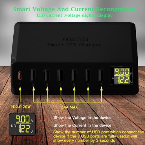 High-Power 7-Port USB Charging Hub with LED Display – 60 W/12 A Multi-Device Power Station for i Phone 14/13/12, Galaxy Tablets, Pixel, Headphones & More (Sleek Black) – Efficient PD20 W Rapid Charging Solution for Home & Office Use