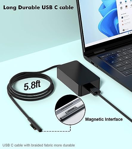 High-Performance 65 W Microsoft Surface Pro Charger – Ultra-Fast Power Adapter for Surface Pro 3/4/6/7/8/X & Surface Laptops with USB Port, Enhanced Safety Features, Durable Magnetic Connection, and 12-Month Warranty for Optimal Device Health