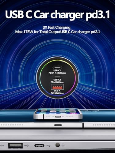 175 W Ultra-Fast Car Charger Adapter – Multi-Device Super Charging Hub for i Phone 16/15/14 Max, Samsung Galaxy S24/23/22, i Pad, Mac Book Pro/Air, and USB-C Laptops – Advanced PD3.1, 140 W Power Delivery, and Intelligent PPS Technology for Rapid Charging on the Go