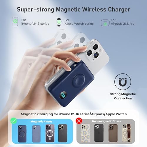 Revolutionary Magnetic Portable Charger for i Phone – 6-in-1 Power Bank with 10,800 m Ah Capacity, Built-in Cables, Apple Watch Charger, and LCD Display – 25 W PD Fast Charging for i Phone 16/15/14/13/12 and Mag Safe Compatibility – Ultimate On-the-Go Charging Solution