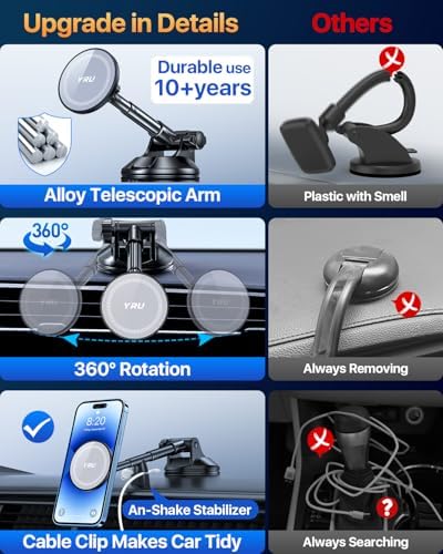 YRU 2025 Magnetic Phone Holder for Car – Superior Patented Magnet Technology for Seamless Dashboard or Windshield Mounting | Mag Safe Compatible | Sleek Black Design Perfect for i Phone 12-16 Pro Max & Samsung | Effortless Installation for Hands-Free Navigation & Calls | Built to Last for Everyday Use