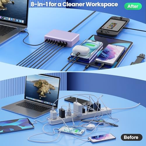 Revolutionary 300 W Ga N IV Technology USB-C Charging Hub – 8-Port Multi-Device Charger for Mac Book Pro/Air, DELL Laptops, i Phone 16/15/14 & Galaxy S25 – Sleek Navy Finish for Enhanced Home & Office Efficiency – Your Premier Solution for Rapid Device Power and Seamless Connectivity