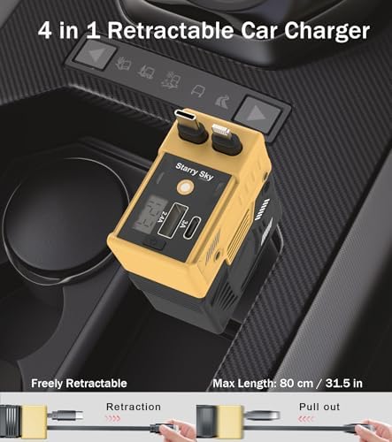 4-in-1 Retractable Car Charger with 66 W Fast Charging – Dual Retractable Cables & USB-C/USB-A Ports for i Phone 16/15/14/13/12/11, Samsung Galaxy, Pixel – Sleek White Design for Ultimate Travel Convenience and Device Compatibility