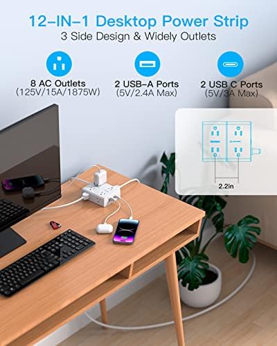 Versatile Surge Protector Power Strip with 8 AC Outlets & 4 USB Ports (2 USB-C), 6 Ft Flat Plug Extension Cord, 1080 Joules Safety Rating, Wall Mountable Charging Station for Home, Office, and Dorm – Streamlined Device Management & Fast Charging Enhanced