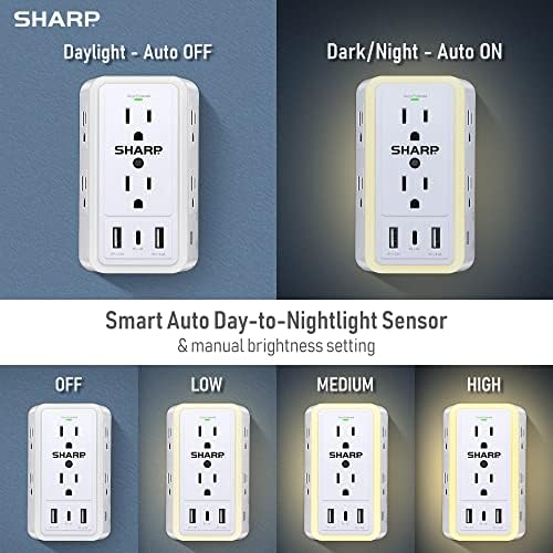 Ultimate Sharp Surge Protector Wall Charger with 6 Spacious Outlets, Rapid Charging, Dual USB-A & USB Type-C Ports, Adaptive Nightlight – Exceptional Device Compatibility & Efficiency for Home or Office Use