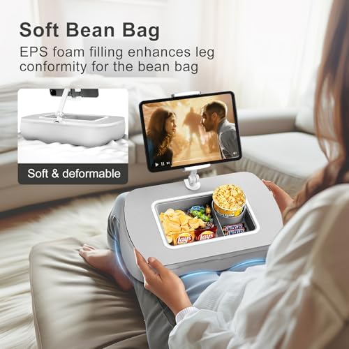 Ultimate Comfort Lap Beanbag Tablet Pillow Stand with Integrated Snack Bowl – Adjustable 360° Rotating i Pad Holder for 4.7″-13″ Devices – Perfect for Hands-Free Reading and Relaxation on Bed, Couch, or Recliner in Stylish Gray – Enhance Your Leisure Experience Today!