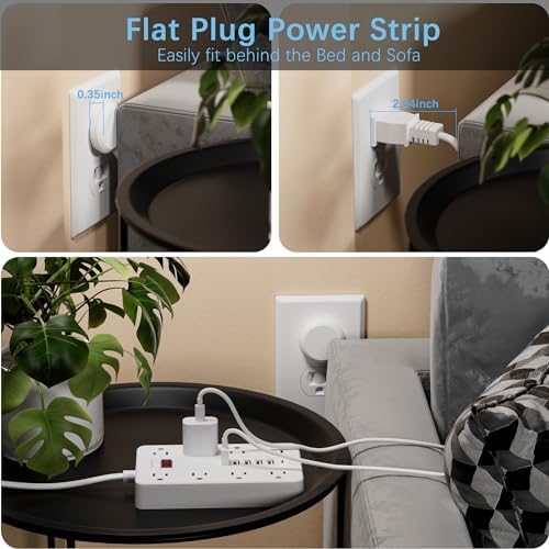 HUNIAN 5 Ft Flat Plug Power Strip with 8 Outlets and 6 USB Ports, Including USB-C Charger – Ultimate Surge Protector for Efficient Home and Office Charging Solutions, Compact Design for Desk and Travel Use, Black