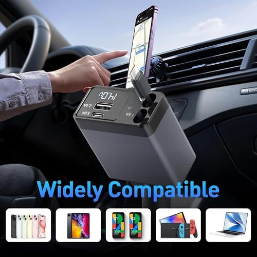 High-Performance 120 W Retractable Car Charger Adapter – Fast Charging Solution with 2.6 ft Cables, 180° Adjustable Design, and Real-Time Voltage Display for Ultimate Device Compatibility and Convenience