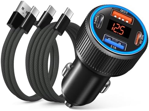 Premium 65 W Multi-Port USB C Car Charger for i Phone 16/16 e/15 Pro Max & Samsung Galaxy Devices – Dual USB-C Fast Charging Adapter with Integrated Voltmeter for Safe, Efficient Power Delivery on the Go – Ideal for Family Road Trips & Daily Commutes